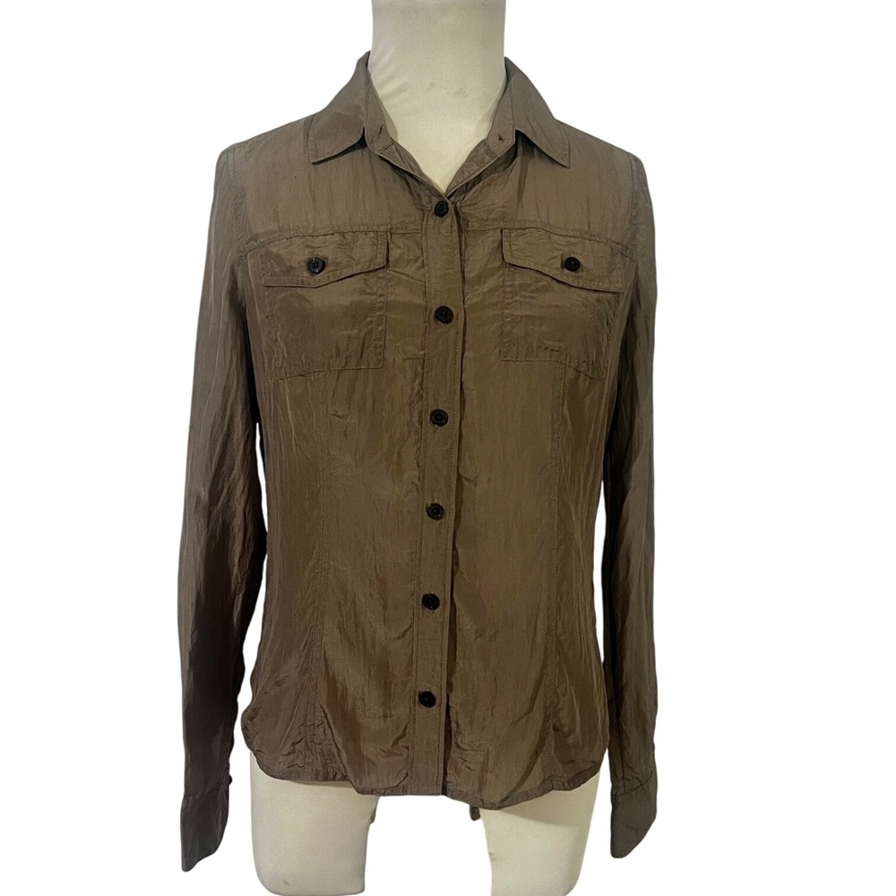 Banana‎ Republic Petite Small Brown Silk Button Down Shirt Long Sleeve Career
